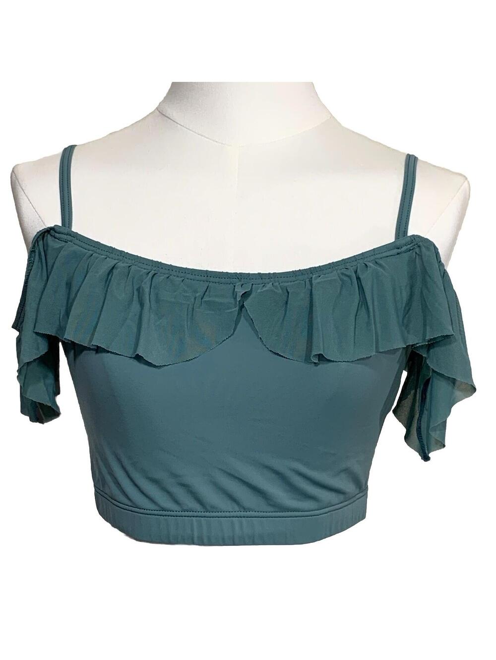 Balera Dance Crop Top Womens Small Teal Ruffle Mesh Cold Shoulder Performance